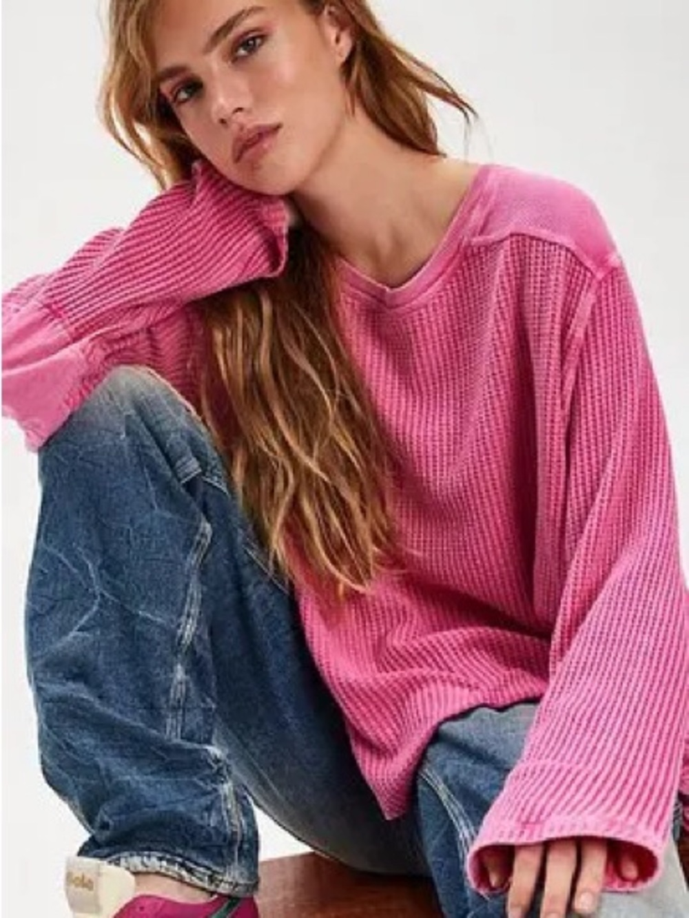 Free People Hot Pink Waffle Knit Long Sleeve Top - Size S/M